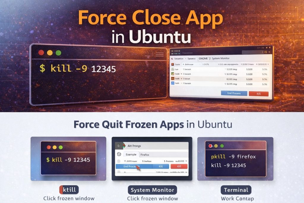 Force close app in Ubuntu using xkill and kill commands