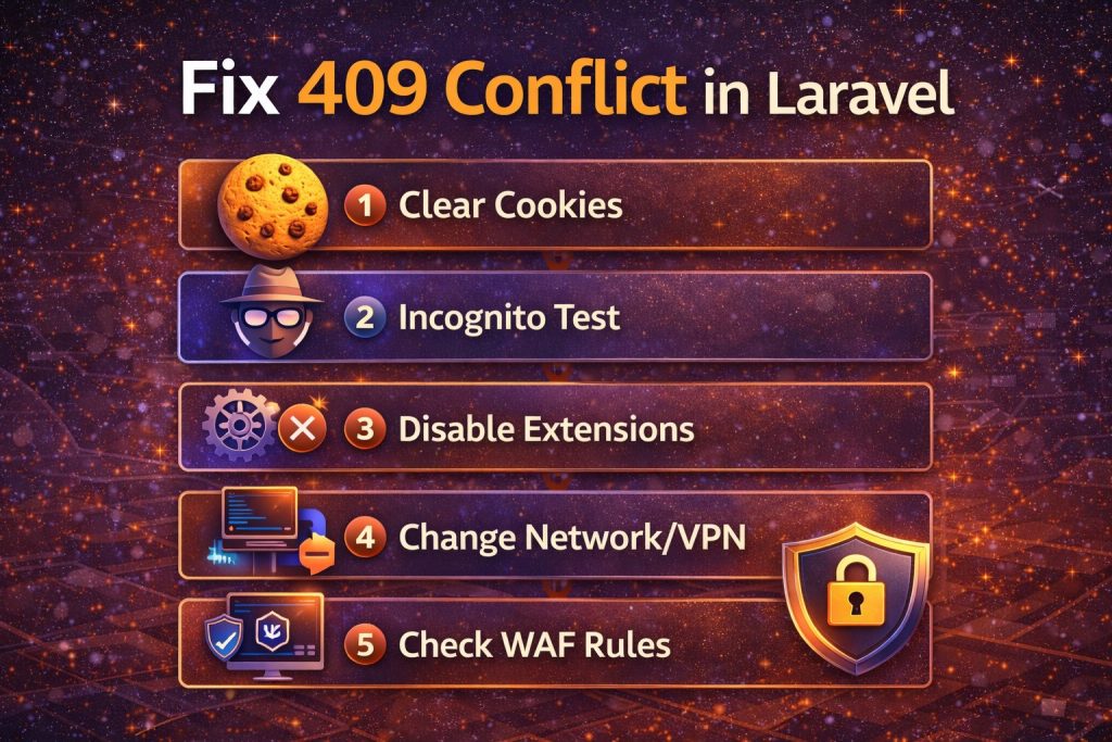 Laravel 409 Conflict fix steps: clear cookies, disable extensions, test incognito, check WAF