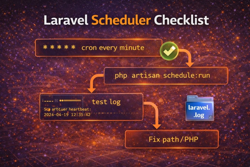 Laravel scheduler checklist: cron every minute → schedule:run → test log → laravel.log → fix path/PHP