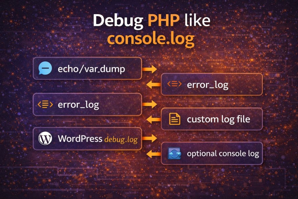 PHP debugging steps: echo → error_log → custom log → WordPress debug.log → optional console log