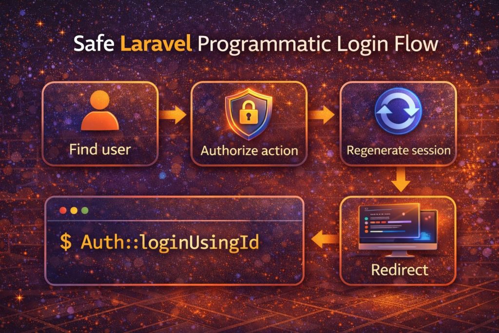Safe Laravel programmatic login flow: authorize, loginUsingId, regenerate session, redirect